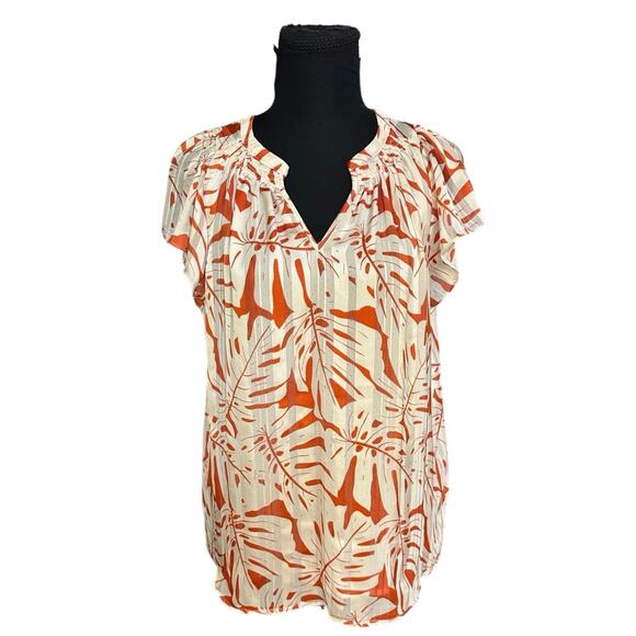 Rachel Rachel Roy Orange and White Pleated Front Split Neck Blouse Size M - Picture 1 of 8